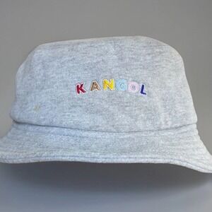 Kangol Gray Bucket Hat Size Large Embroidered Color Text Logo Fleece Lined
